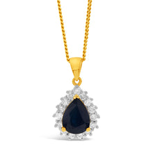 Load image into Gallery viewer, 9ct Yellow Gold 1.72ct Natural Black Sapphire and Diamond Pear Halo Pendant