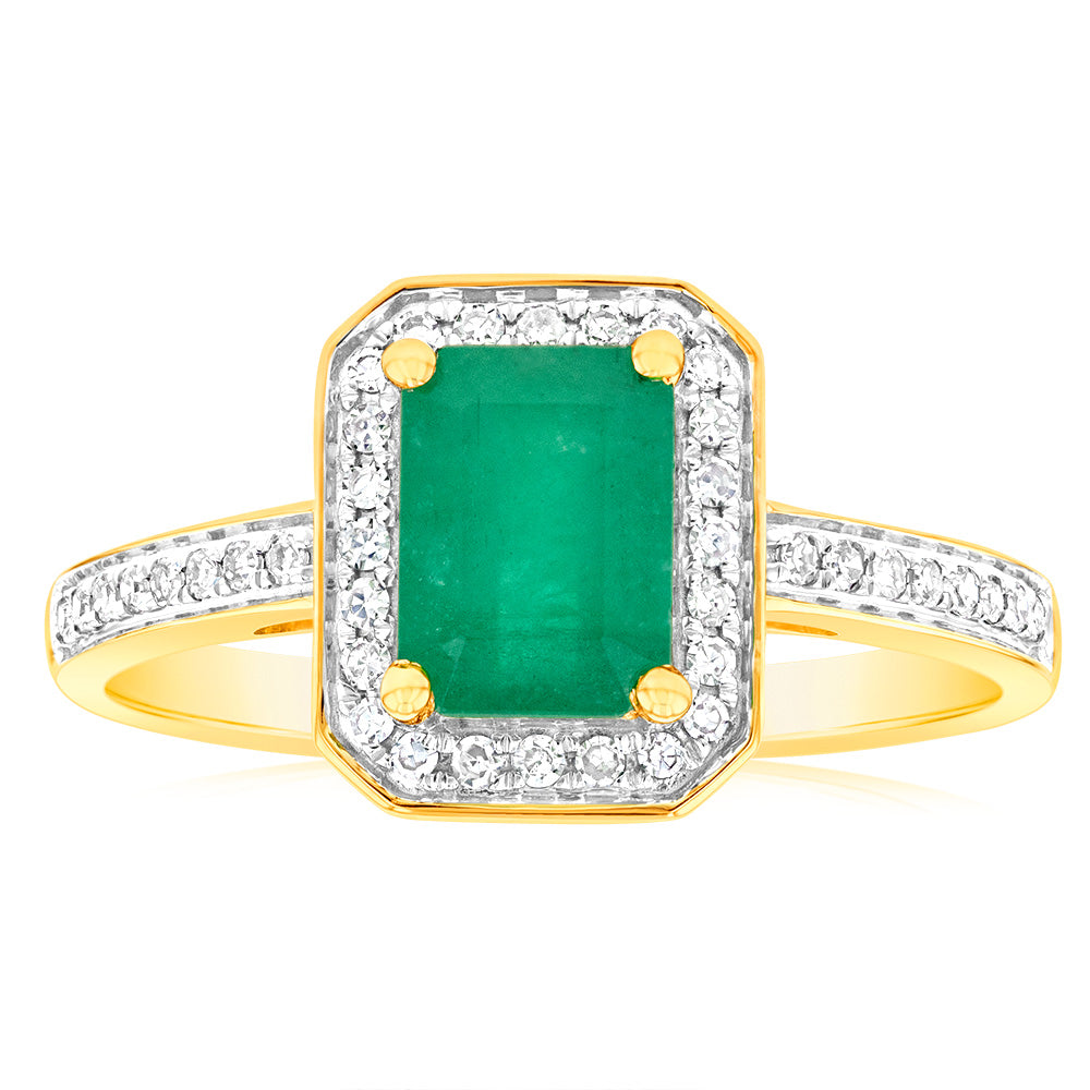9ct Yellow Gold 1.00 Carat Natural Emerald and 0.15ct Diamond Ring