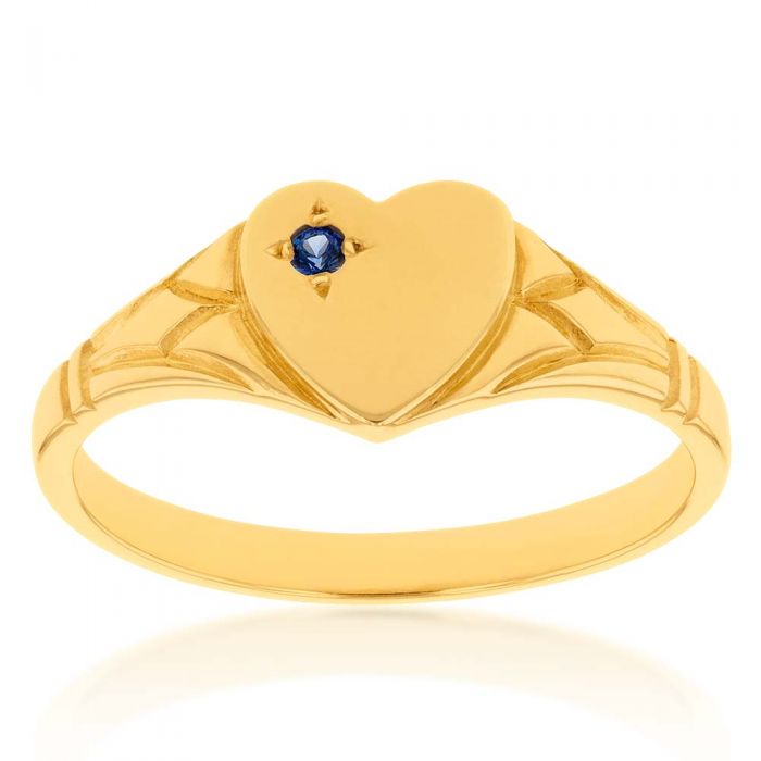 9ct Yellow Gold Sapphire Heart Signet Ring Size L
