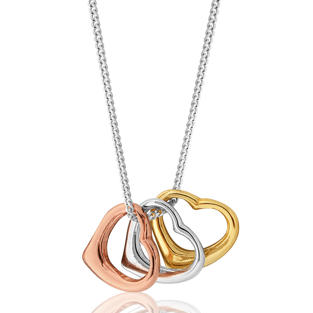 45cm Sterling Silver Rose Gold Plated and Gold Plated Triple Floating Heart Pendant