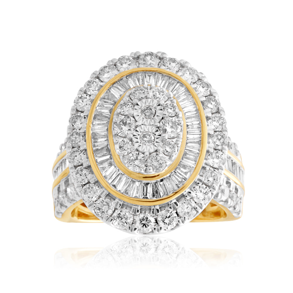 9ct Yellow Gold 3 Carat Oval Cluster Diamond Ring with Brilliant & Baguette Diamonds