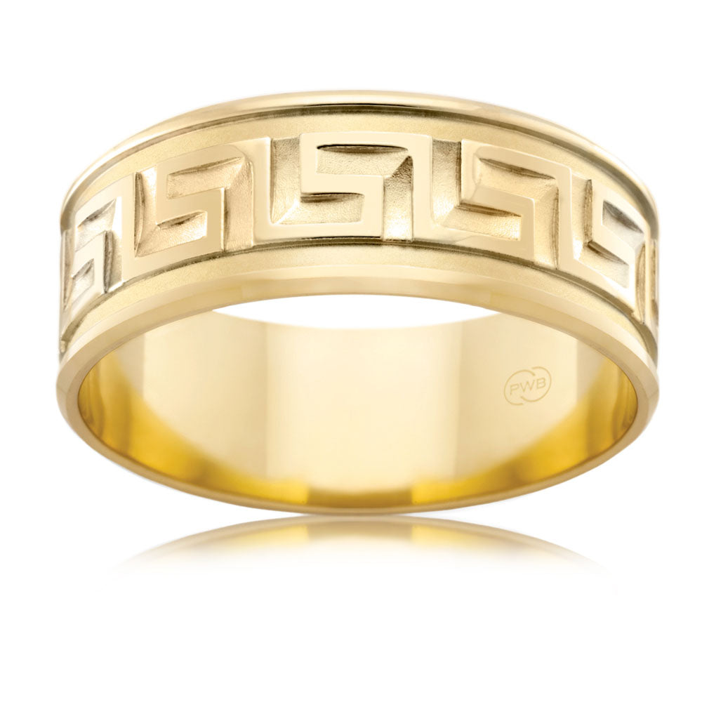 9ct Yellow Gold 8mm Flat Bevel Greek Key Size X – Shiels