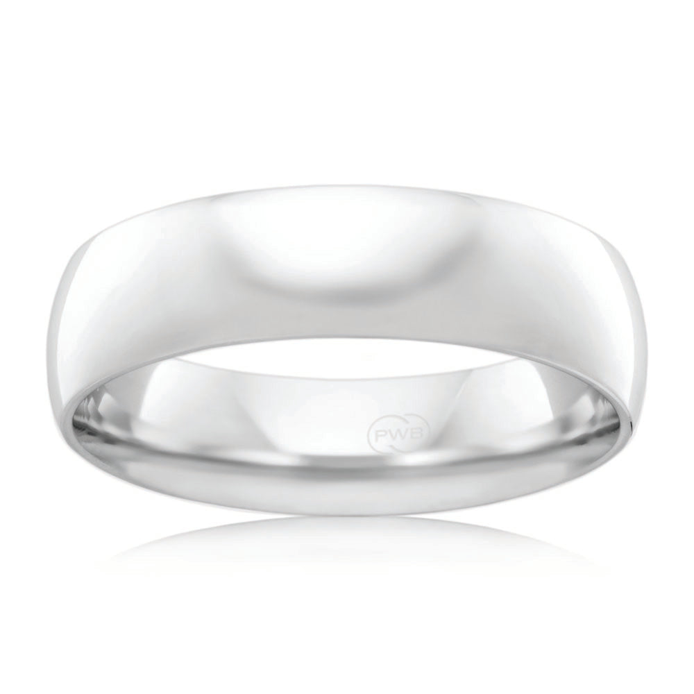 9ct White Gold 6mm Comfort Fit Ring. Size Z