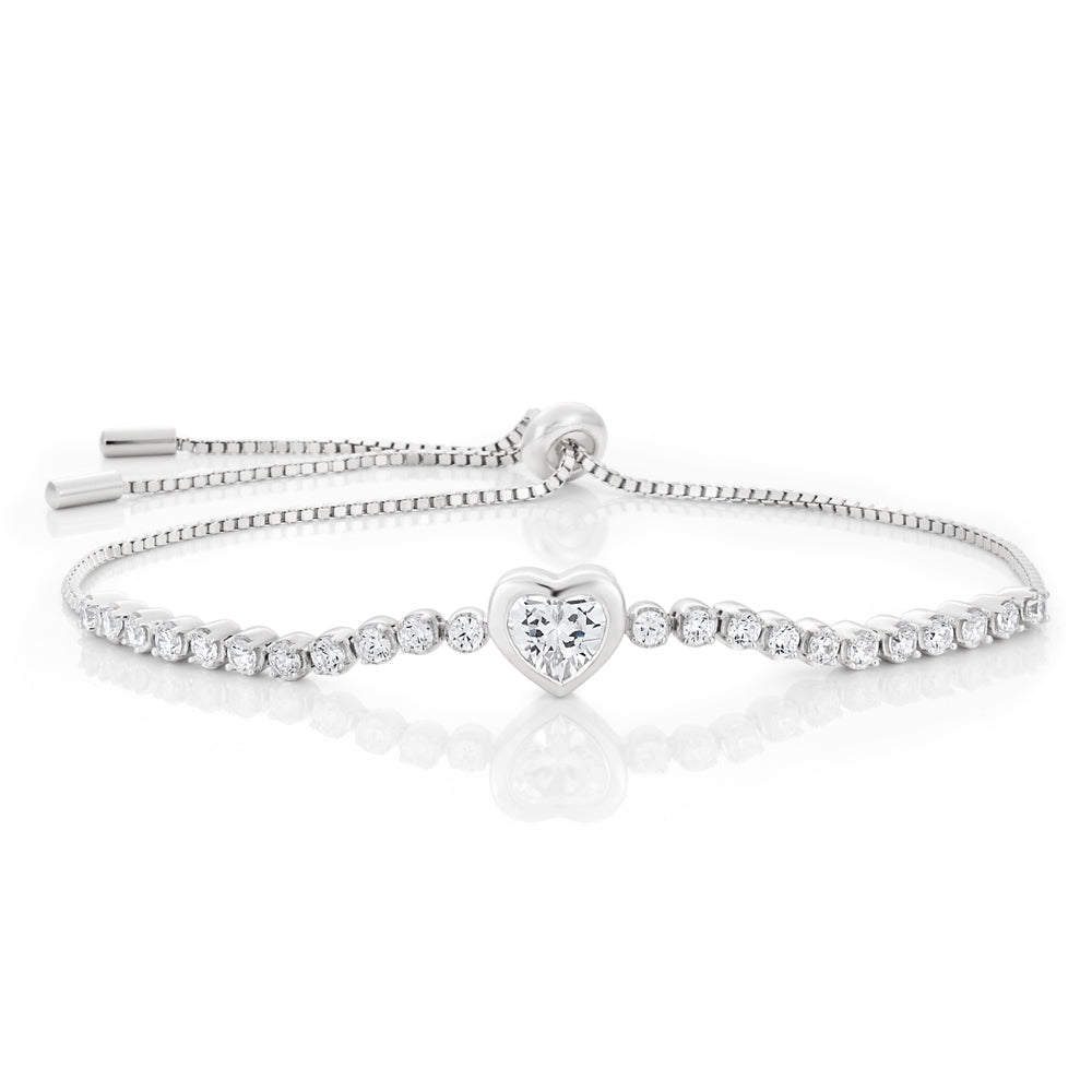 Sterling Silver Rhodium Plated Zirconia Heart Adjustable Bracelet