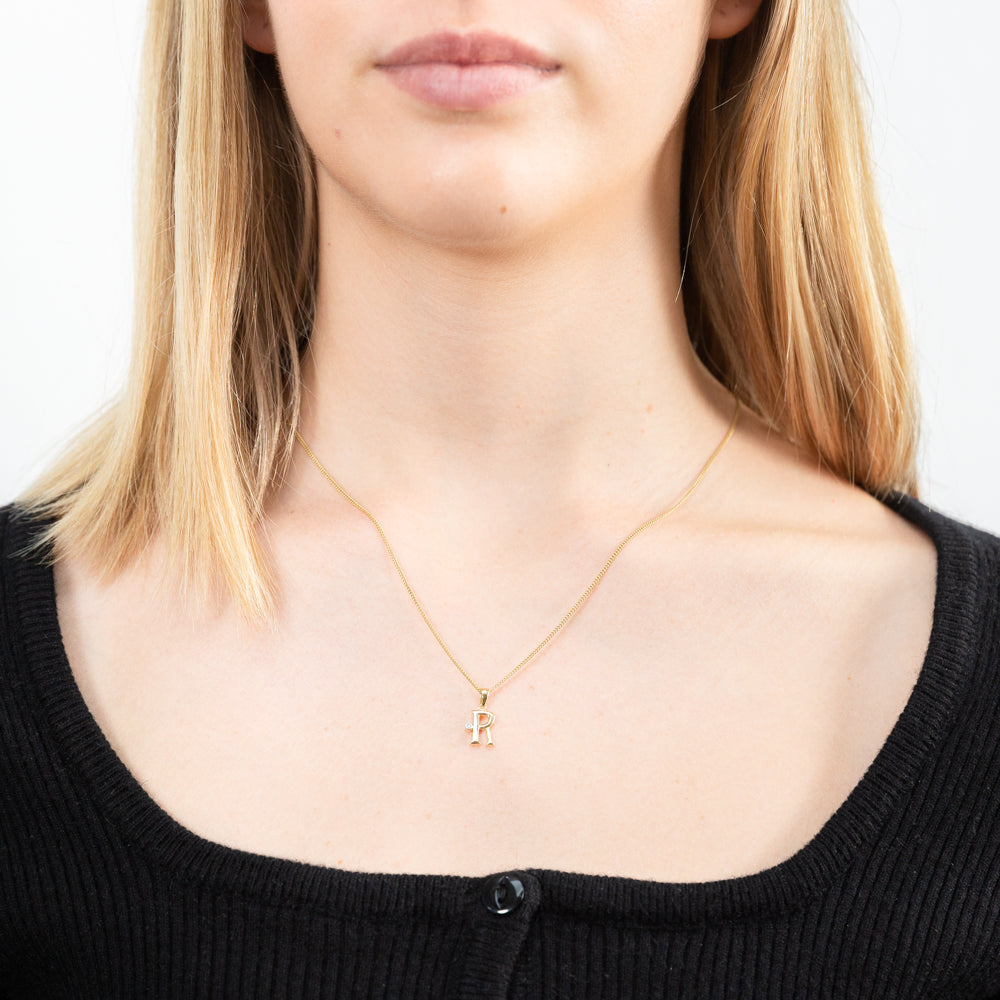 9ct Yellow Gold Pendant Initial R set with diamond