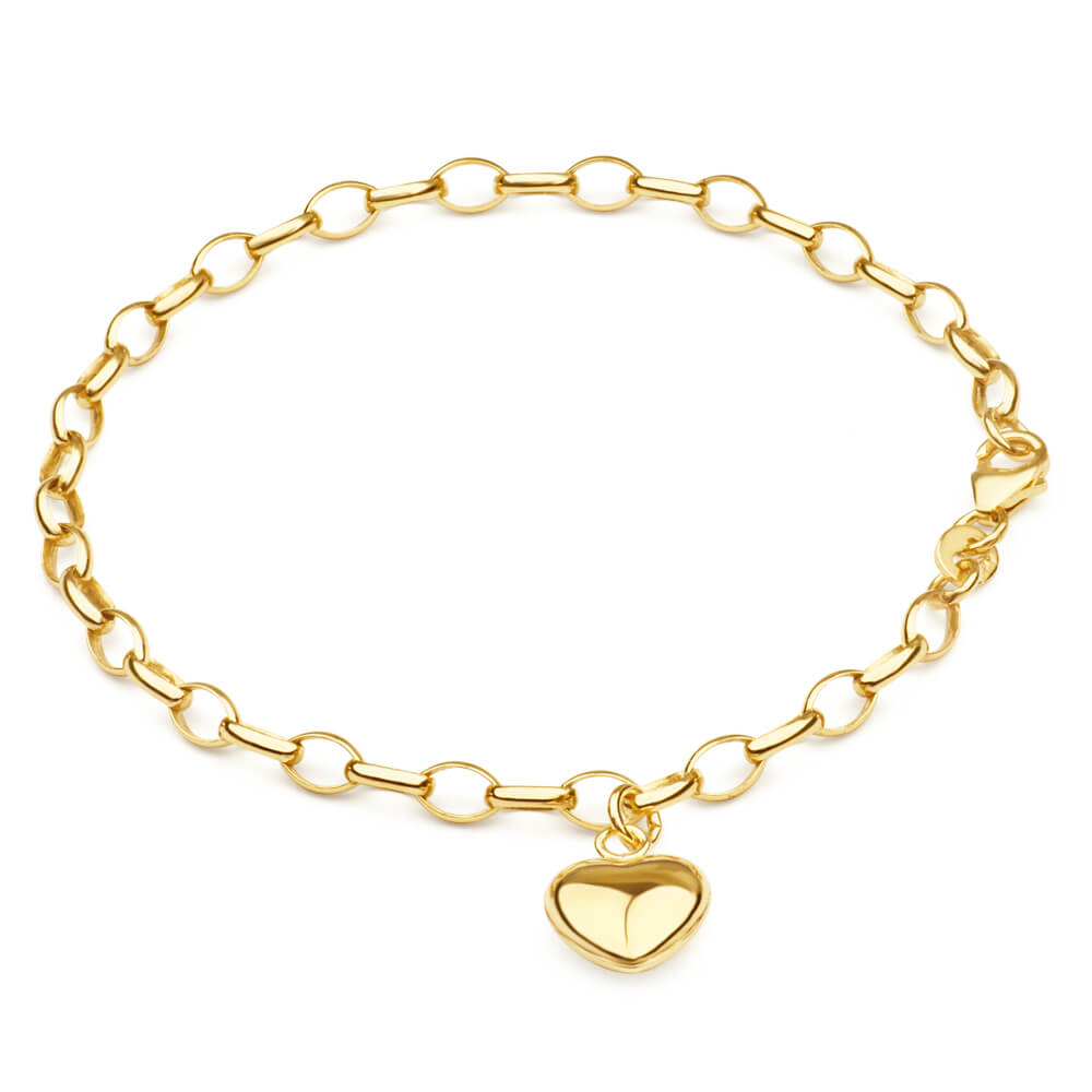 9ct Yellow Gold Silverfilled Heart Charm Belcher 19cm Bracelet