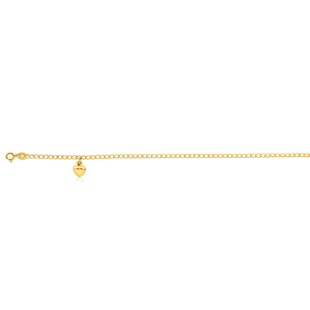 9ct Yellow Gold Silver Filled Heart Drop 27cm Curb Anklet