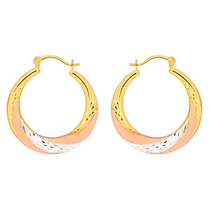 9ct Yellow Gold, White Gold & Rose Gold Swirl Creole Hoop Earrings