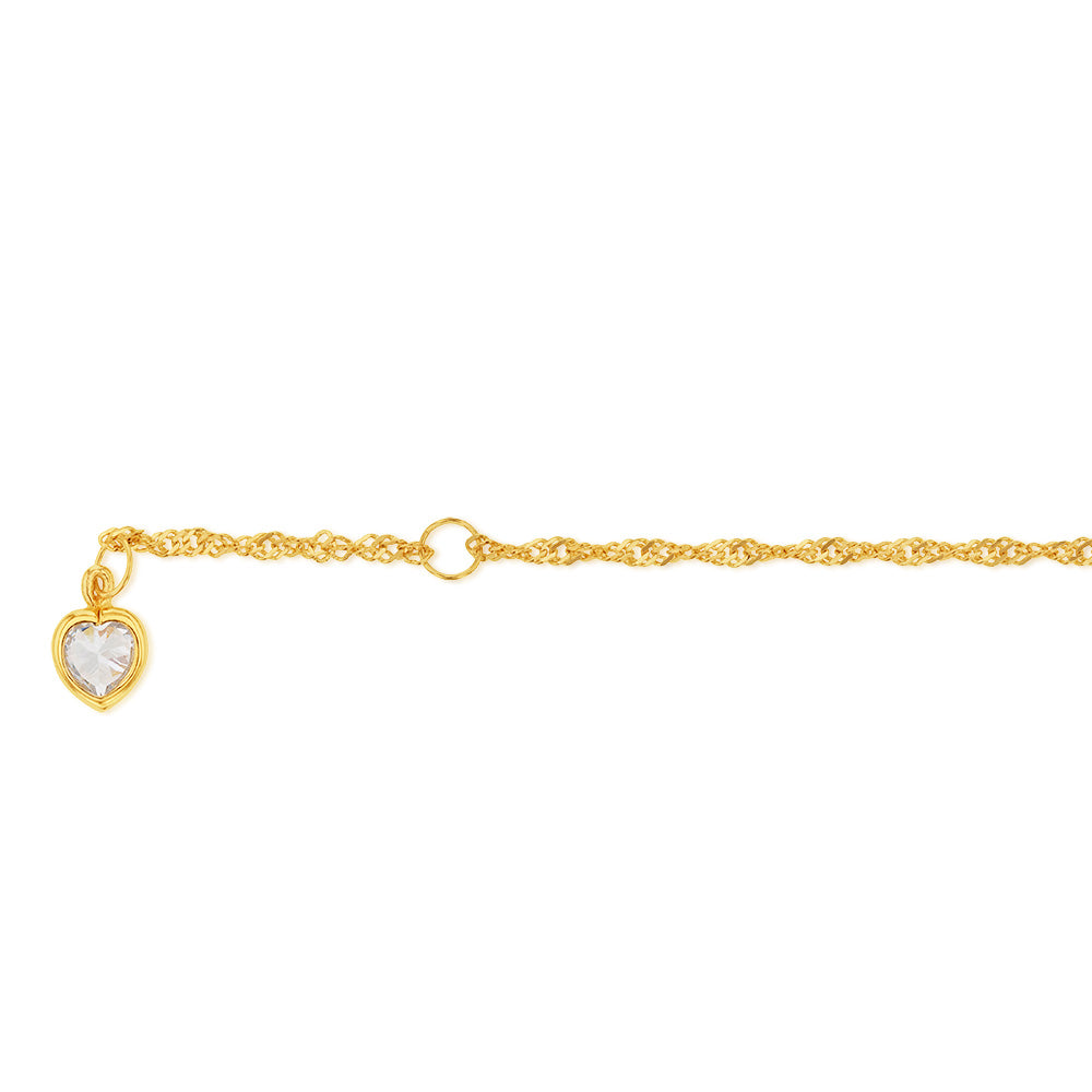 9ct Yellow Gold Singapore with White Cubic Zirconia Heart Charm 27cm Anklet