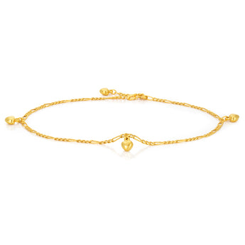 9ct Yellow Gold Heart Charm 3:1 Figaro 29cm Anklet