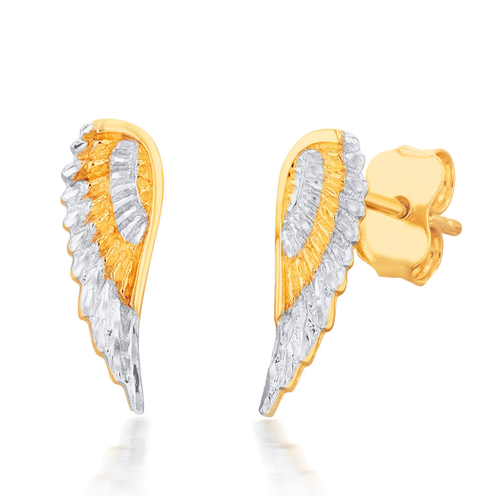 9ct Yellow And White Gold Angel Wings Diamond Cut Stud Earrings