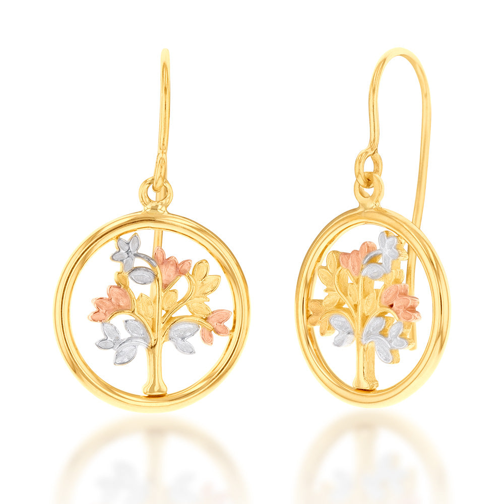 9ct Three Tone Gold, White And Rose Gold Tree Of Life Drop Earrings