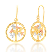 Load image into Gallery viewer, 9ct Three Tone Gold, White And Rose Gold Tree Of Life Drop Earrings