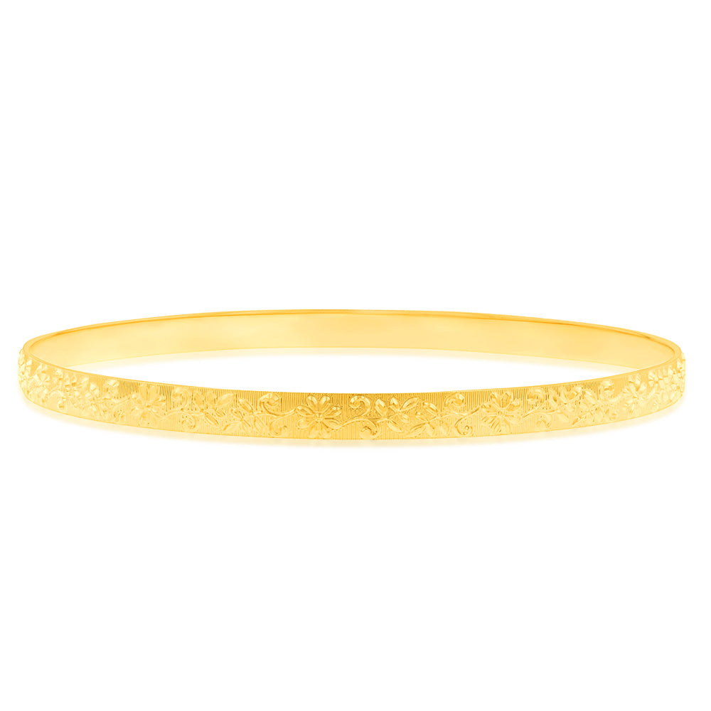 9ct Yellow Gold Engraved Flowers & Leaves 4.4mm X 65mm Bangle