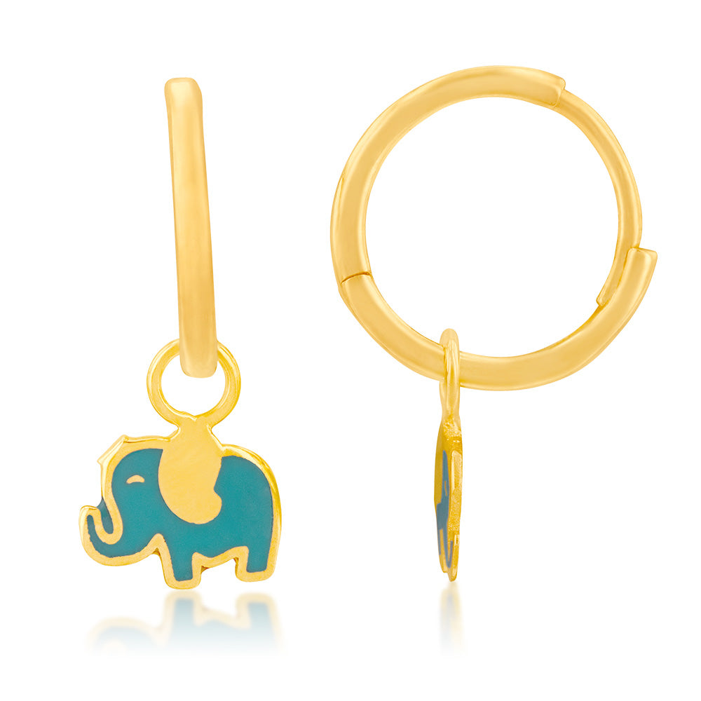 9ct Yellow Gold Green Elephant Dangling On Sleeper Earrings