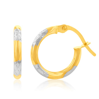 9ct White And Yellow Gold Two Tone Double Side Diamond Cut 10mm Hoop Earrings