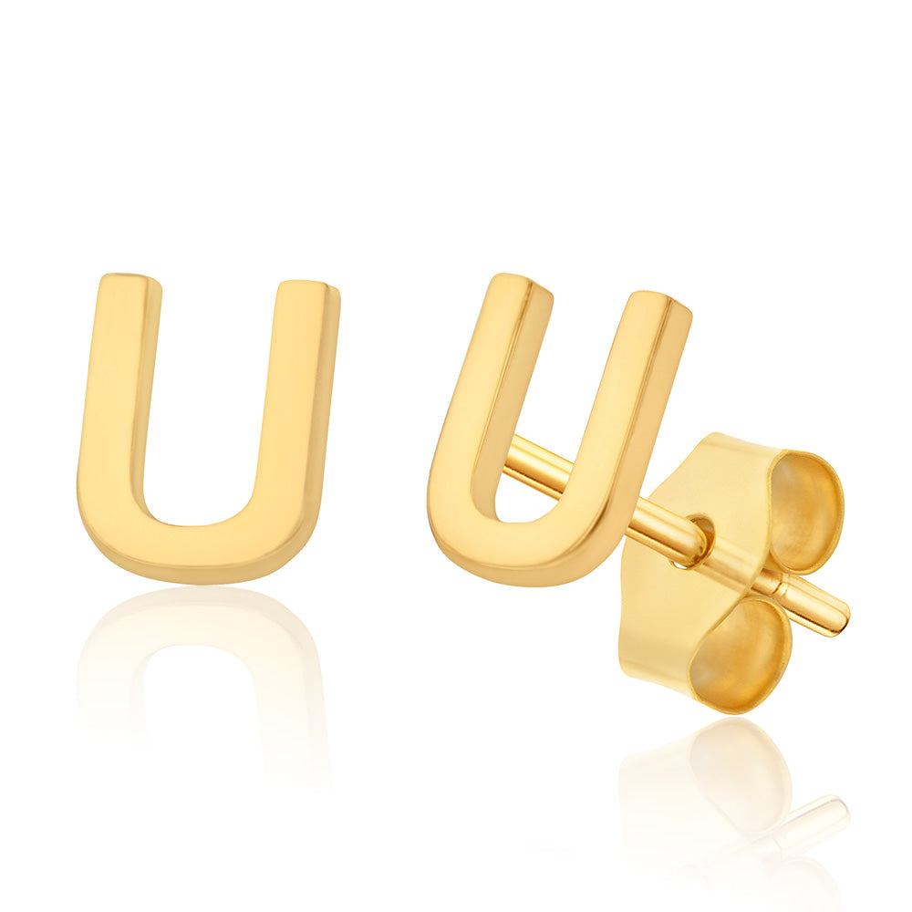 9ct Yellow Gold Mini Initial "U" Stud Earrings