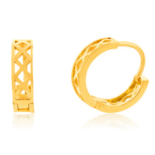Load image into Gallery viewer, 9ct Yellow Gold Inner Fretwork 10mm Huggies Earrings