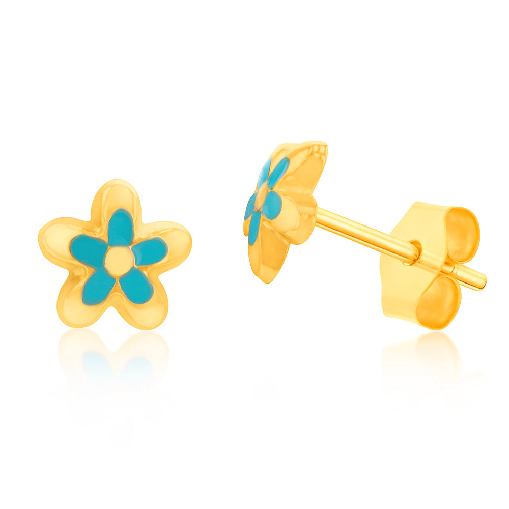 9ct Yellow Gold Enamel 7mm Flower Stud Earrings