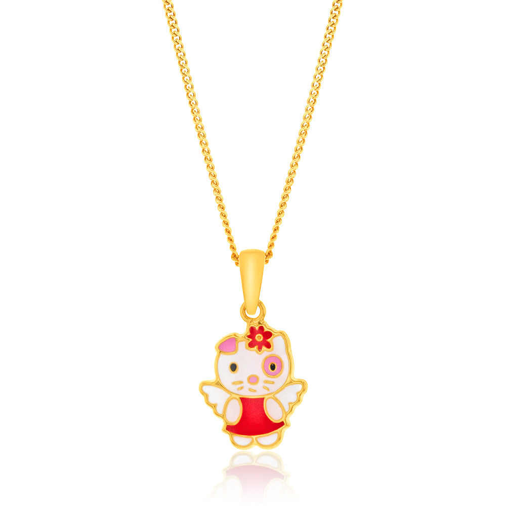 9ct Yellow Gold Cat With Flower Pendant