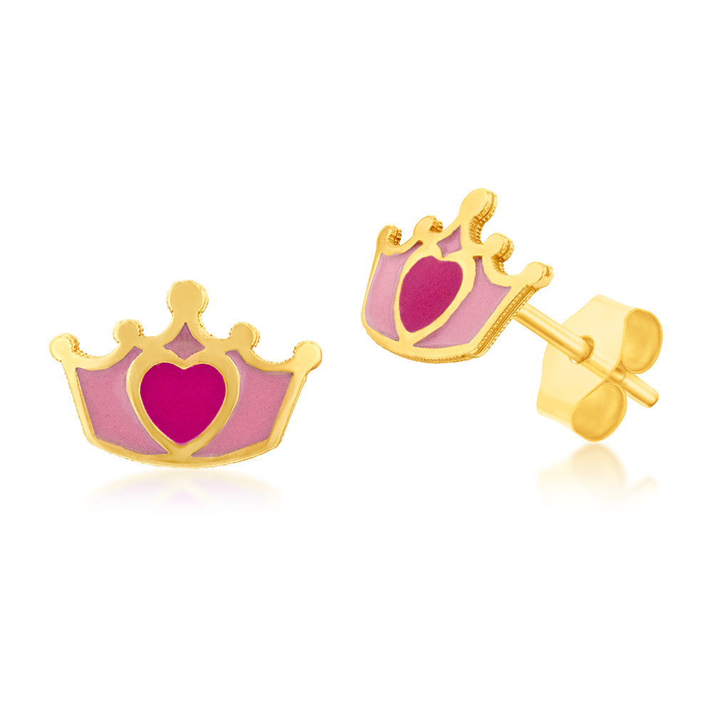 9ct Yellow Gold Red Heart On Crown Stud Earrings