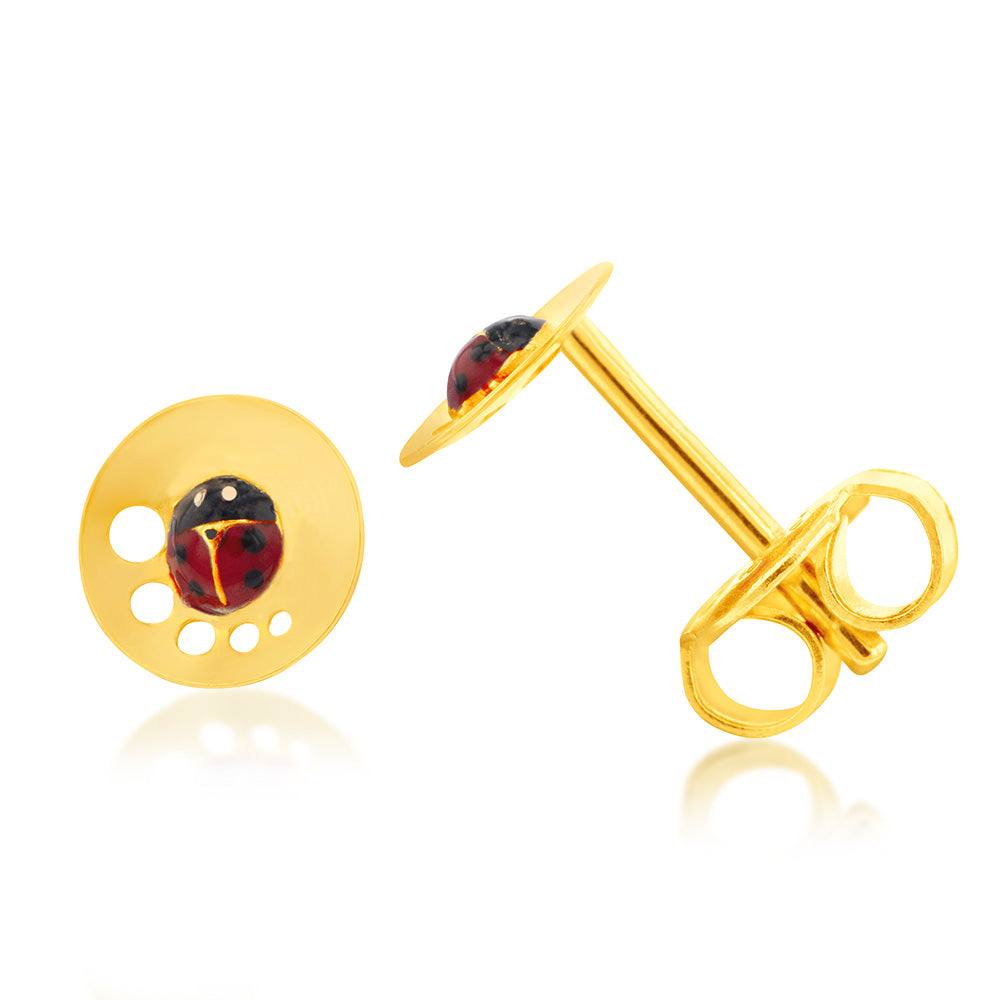 9ct Yellow Gold Ladybug On Round Stud Earrings