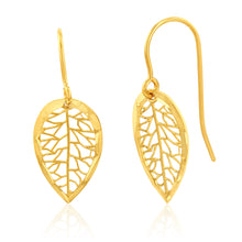 Load image into Gallery viewer, 9ct Yellow Gold Diamond Cut Leaf Drop Hook Earrings
