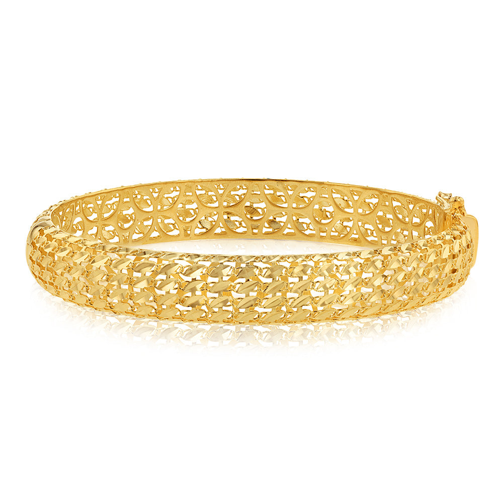9ct Yellow Gold Diamond Cut Patterned Double Sided Hinged Bangles ...