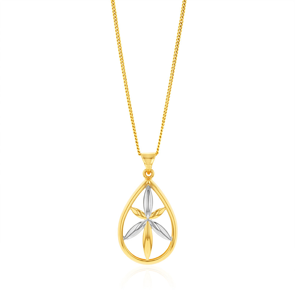 9ct Yellow And White Gold Flower In Pear Shape Pendant