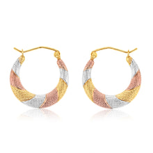 Load image into Gallery viewer, 9ct Yellow, Red And White Gold Three Tone Textured Creole Hoop Earrings