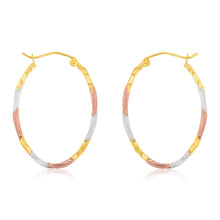 Load image into Gallery viewer, 9ct Yellow, Rose, White Three Tone Twist Tube Hoop Earrings