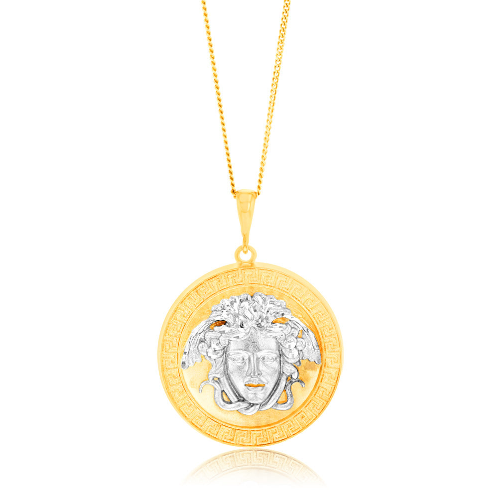 9ct Yellow & White Gold Medusa Greek Key Round Diamond Cut Pendant