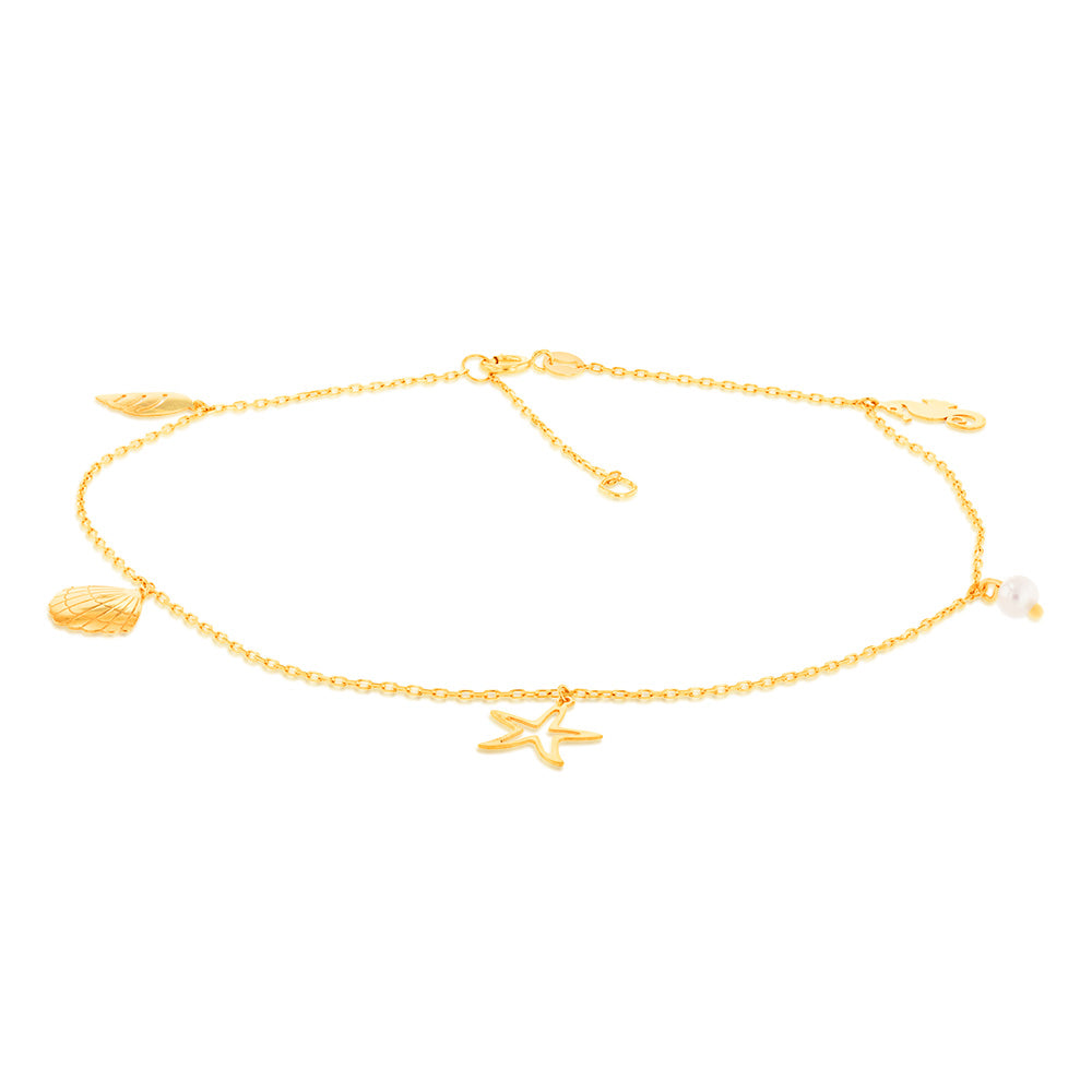 9ct Yellow Gold Pearl And Other Charms On 27cm Anklet