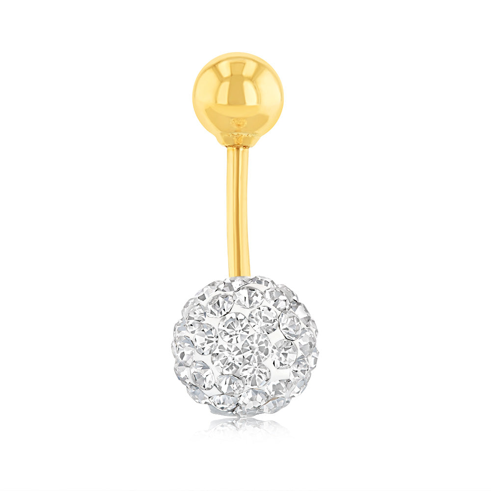 9ct Yellow Gold White Crystal Round Belly Bar