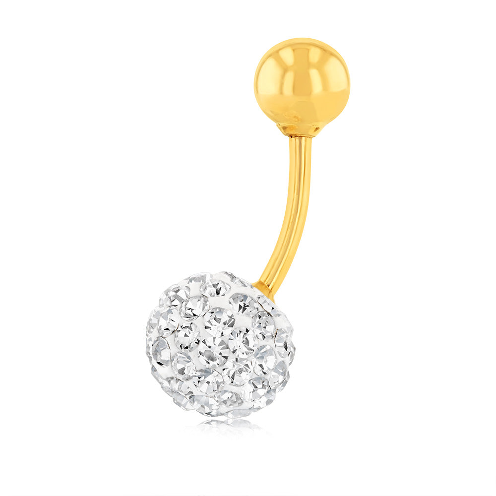 9ct Yellow Gold White Crystal Round Belly Bar