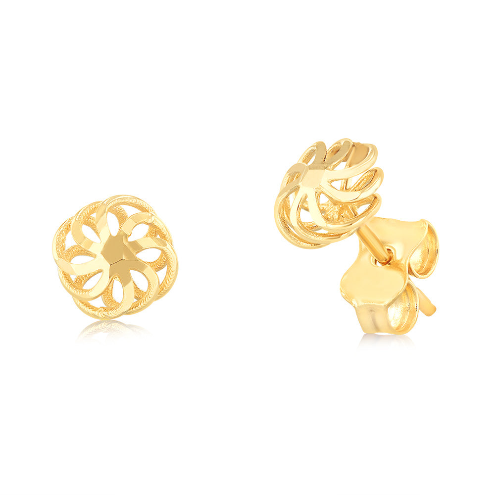 9ct Yellow Gold Diamond Cut Fancy Flower Stud Earrings