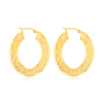 9ct Yellow Gold Double Side Textured Oval Hoop Earrings