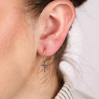 9ct Yellow And White Two Tone Gold Cross On Sleeper Earrings