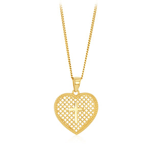 9ct Yellow Gold Patterned Heart Cross Pendant