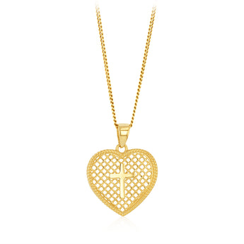 9ct Yellow Gold Patterned Heart Cross Pendant
