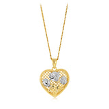 9ct Yellow And White Tone Gold Flowers Textured Heart Pendant