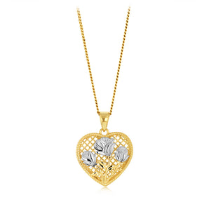 9ct Yellow And White Tone Gold Flowers Textured Heart Pendant