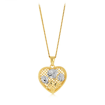 9ct Yellow And White Tone Gold Flowers Textured Heart Pendant