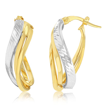 9ct Yellow And White Two-Tone Gold Triple Strand Twisted Hoop Earrings