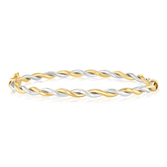 9ct Yellow And White Two Tone Gold Twisted Hinged 60mm Bangle