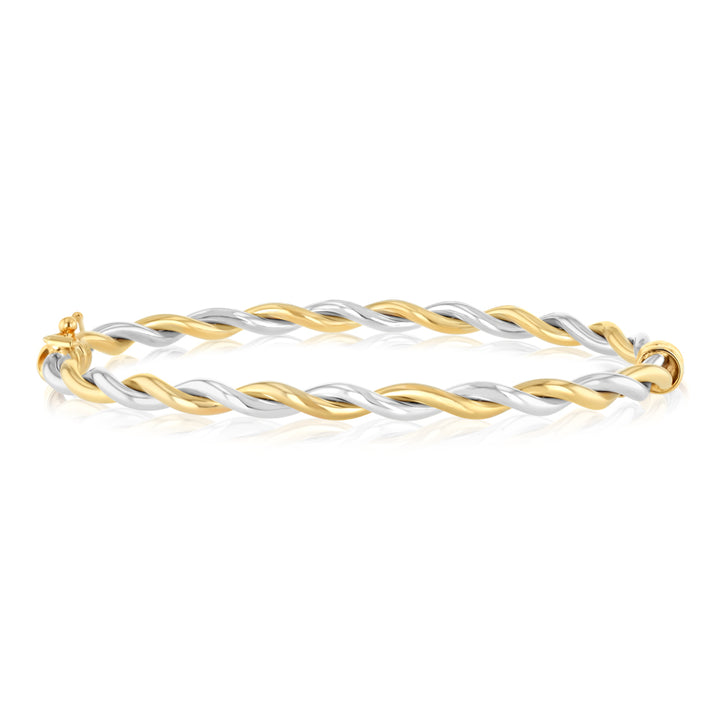 9ct Yellow And White Two Tone Gold Twisted Hinged 60mm Bangle