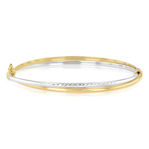 9ct Yellow And White Two-Tone Gold Plain And Textured Hinged 60mm Bangle