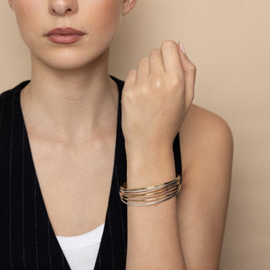 9ct Yellow, White And Rose Gold Tricolour Plain And Textured Set Of Multiple Bangles