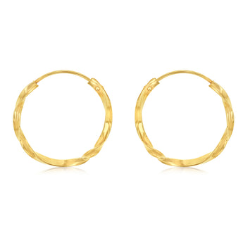 9ct Yellow Gold Diamond Cut Twisted 1.25 X 14mm Sleeper Hoop Earrings