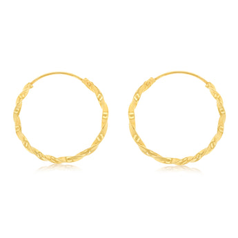9ct Yellow Gold Diamond Cut Twisted 1.25 X 16mm Sleeper Hoop Earrings